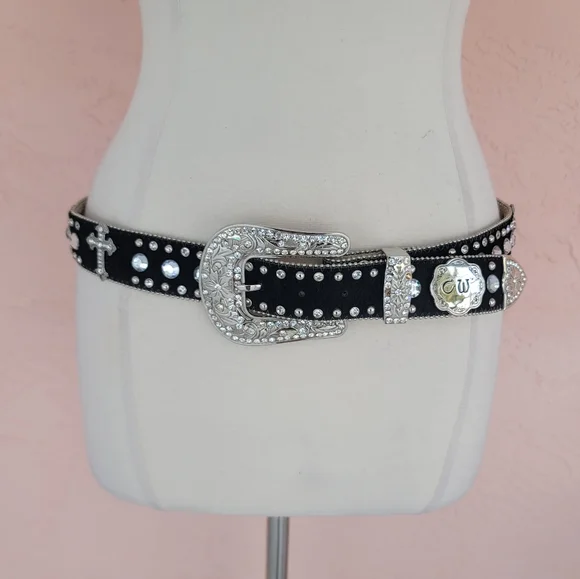 CW Country Western Crystal & Rhinestone Studded Leather Black Belt - Picture 1 of 13